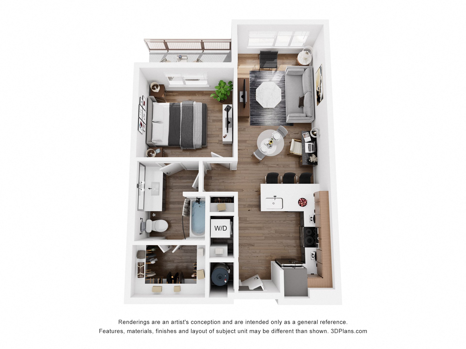 Floor plan for 1 bed, 1 bath, 747 sqft